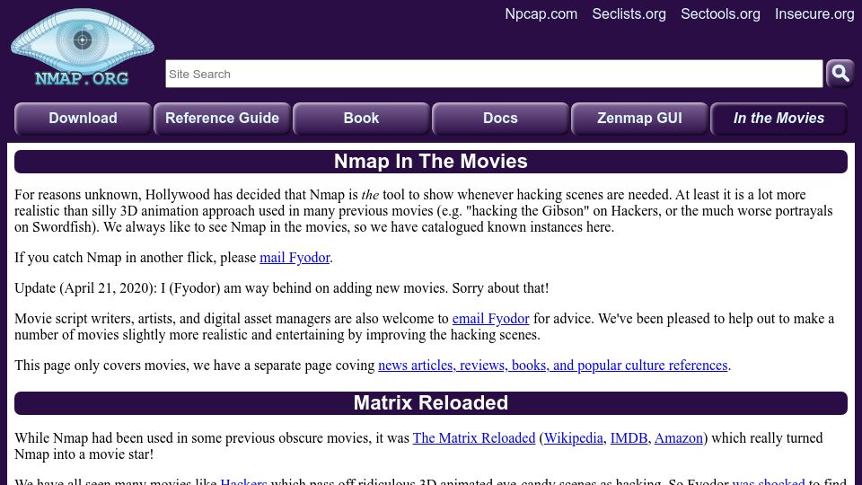 Screenshot of nmap.org: Nmap in the movies (2008)