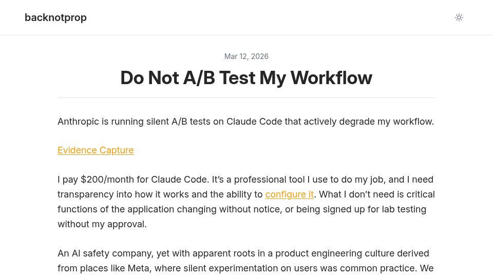 Screenshot of backnotprop.com: Please Do Not A/B Test My Workflow