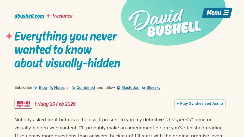 Screenshot of dbushell.com: Everything you never wanted to know about visually-hidden