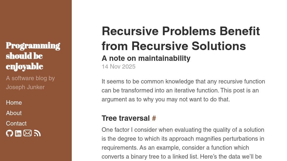 Screenshot of jnkr.tech: Recursive Problems Benefit from Recursive Solutions