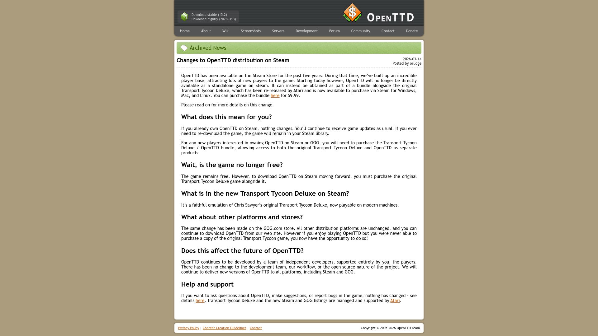 Screenshot of openttd.org: Changes to OpenTTD Distribution on Steam