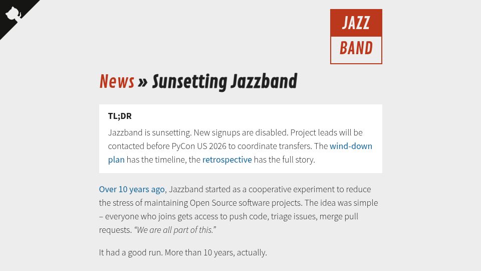 Screenshot of jazzband.co: Sunsetting Jazzband