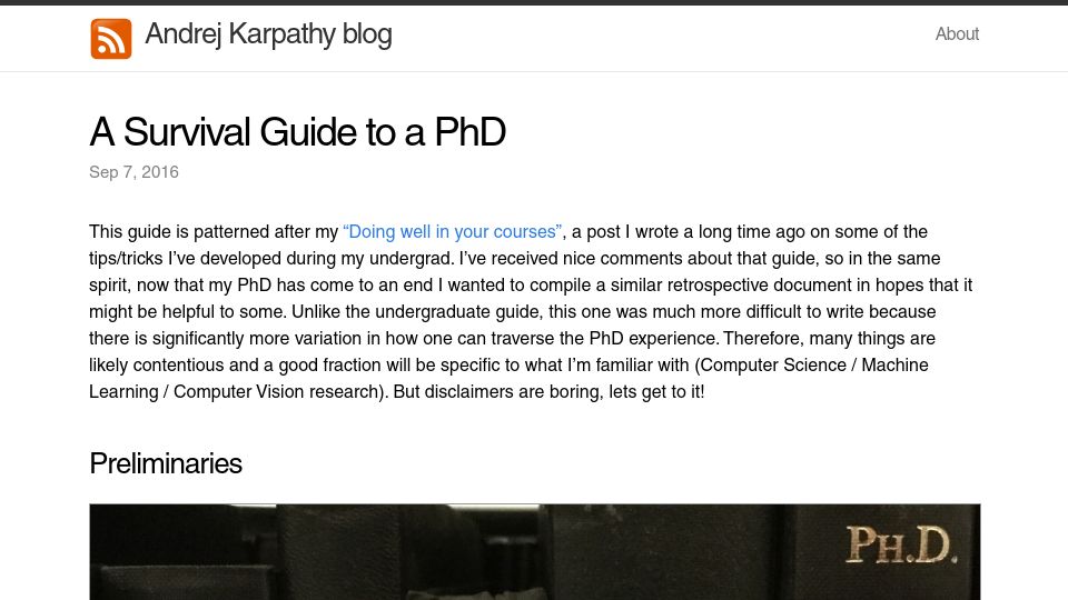 Screenshot of karpathy.github.io: A Survival Guide to a PhD (2016)
