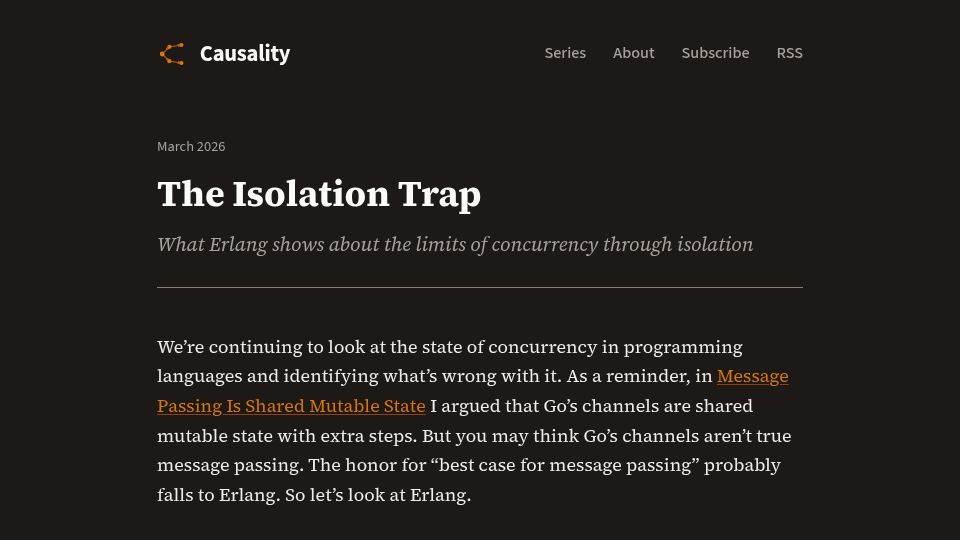 Screenshot of causality.blog: The Isolation Trap: Erlang
