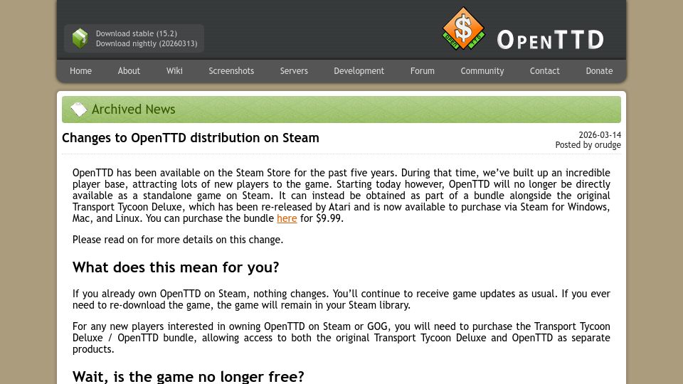 Screenshot of openttd.org: Changes to OpenTTD Distribution on Steam