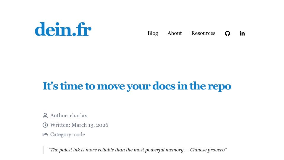 Screenshot of dein.fr: It's time to move your docs in the repo