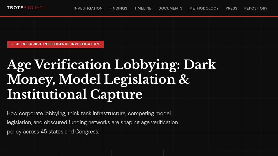 Screenshot of tboteproject.com: Age Verification Lobbying: Dark Money, Model Legislation, Institutional Capture