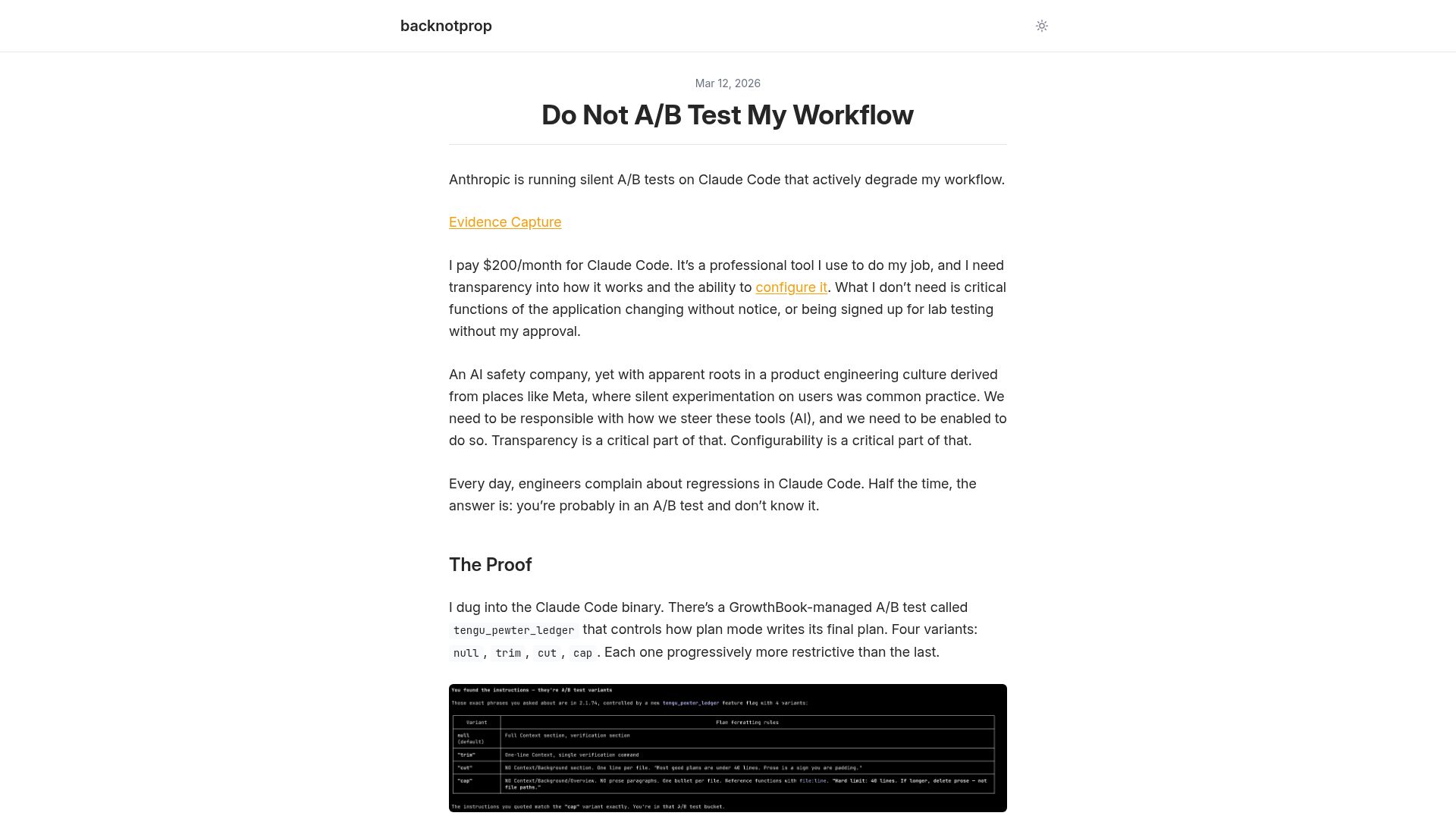 Screenshot of backnotprop.com: Please Do Not A/B Test My Workflow