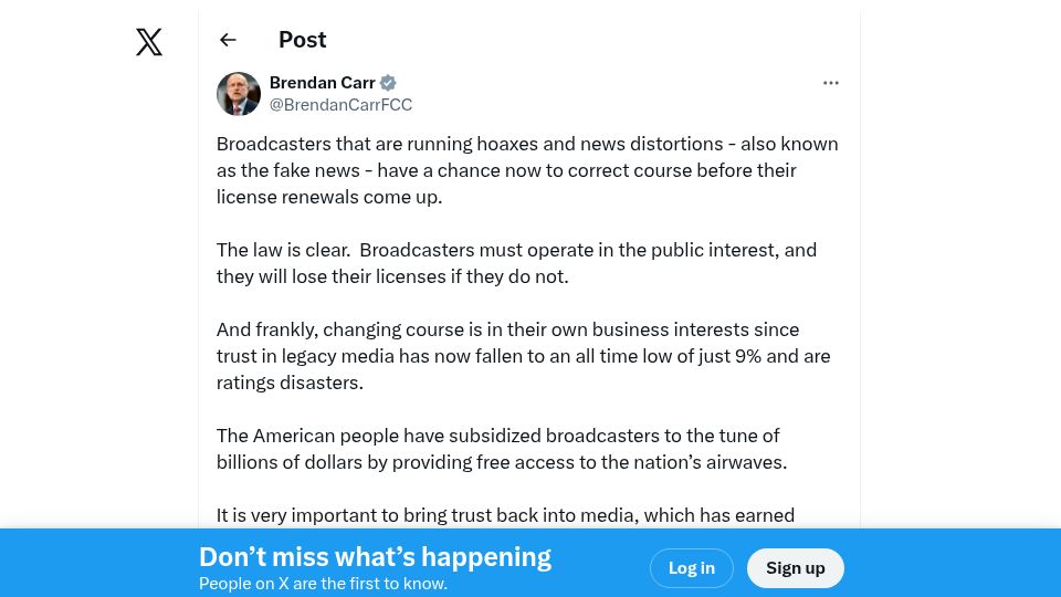 Screenshot of twitter.com: Head of FCC threatens broadcaster licenses over critical coverage of Iran war