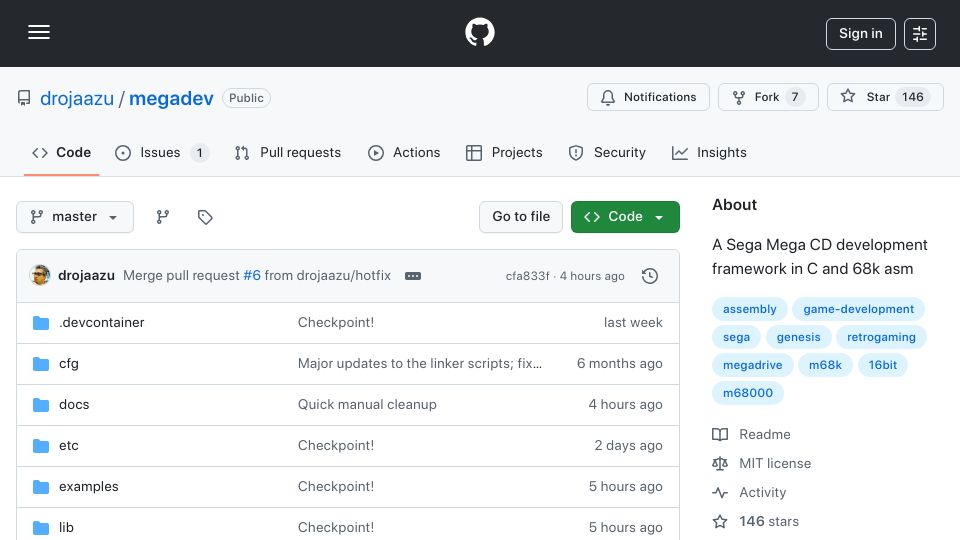 Screenshot of github.com: Megadev: A Development Kit for the Sega Mega Drive and Mega CD Hardware
