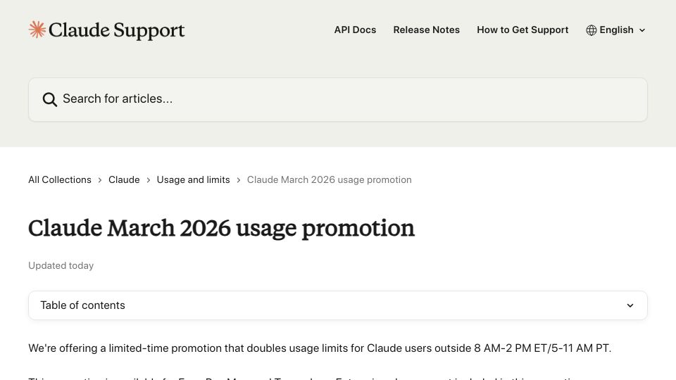 Screenshot of support.claude.com: Claude March 2026 usage promotion