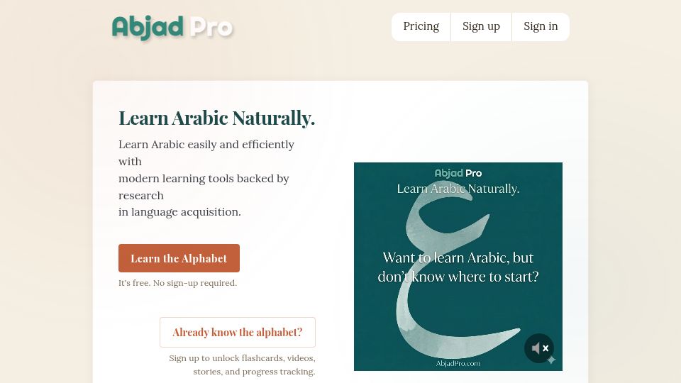 Screenshot of abjadpro.com: Show HN: Learn Arabic with spaced repetition and comprehensible input