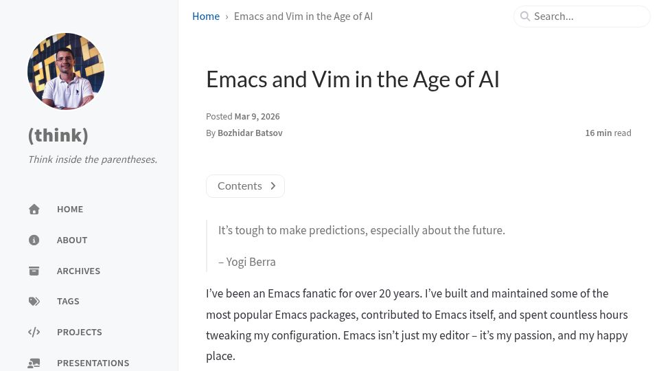 Screenshot of batsov.com: Emacs and Vim in the Age of AI