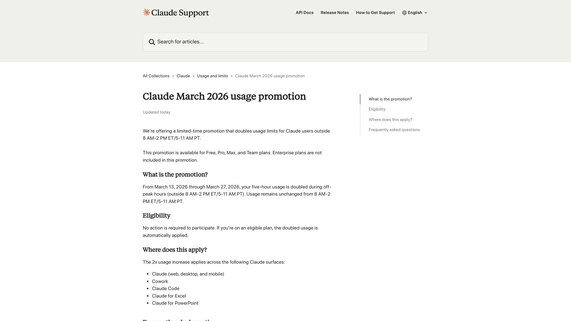 Screenshot of support.claude.com: Claude March 2026 usage promotion