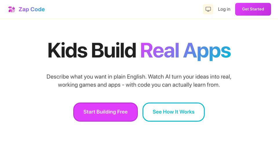 Screenshot of zapcode.dev: Show HN: Zap Code – AI code generator that teaches kids real HTML/CSS/JS