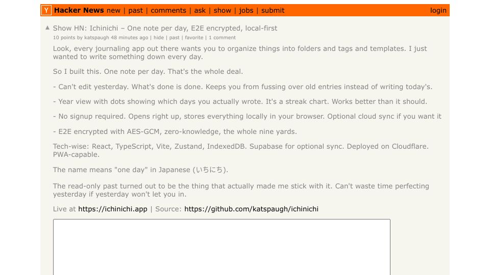 Screenshot of Hacker News post: Show HN: Ichinichi – One note per day, E2E encrypted, local-first