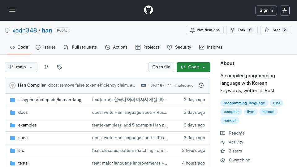 Screenshot of github.com: Show HN: Han – A Korean programming language written in Rust