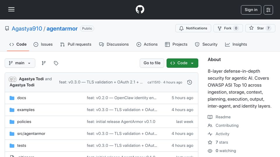Screenshot of github.com: Show HN: AgentArmor – open-source 8-layer security framework for AI agents