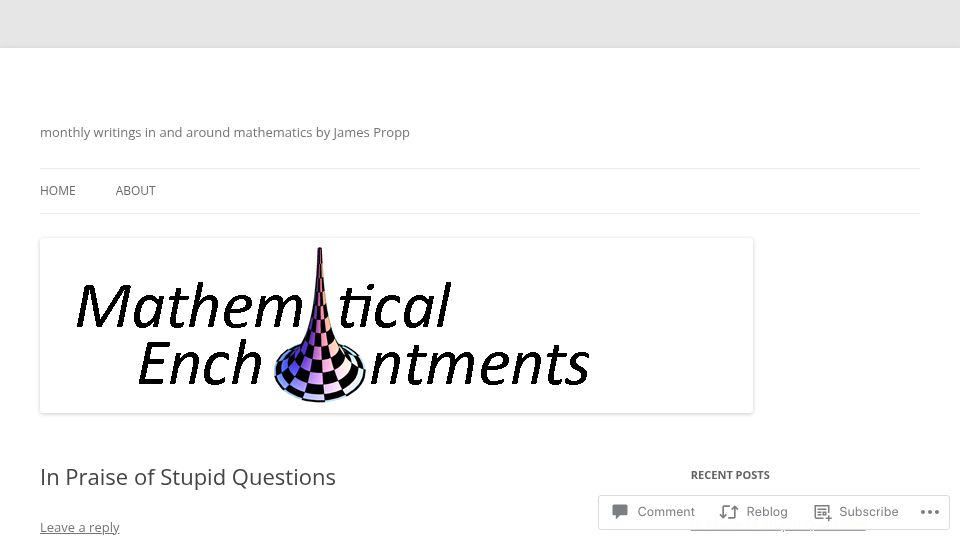 Screenshot of mathenchant.wordpress.com: In Praise of Stupid Questions