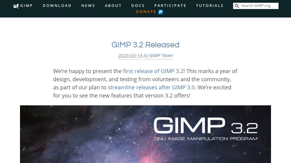 Screenshot of gimp.org: GIMP 3.2 released