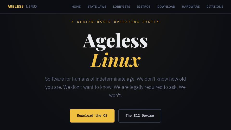 Screenshot of agelesslinux.org: Ageless Linux – Software for humans of indeterminate age