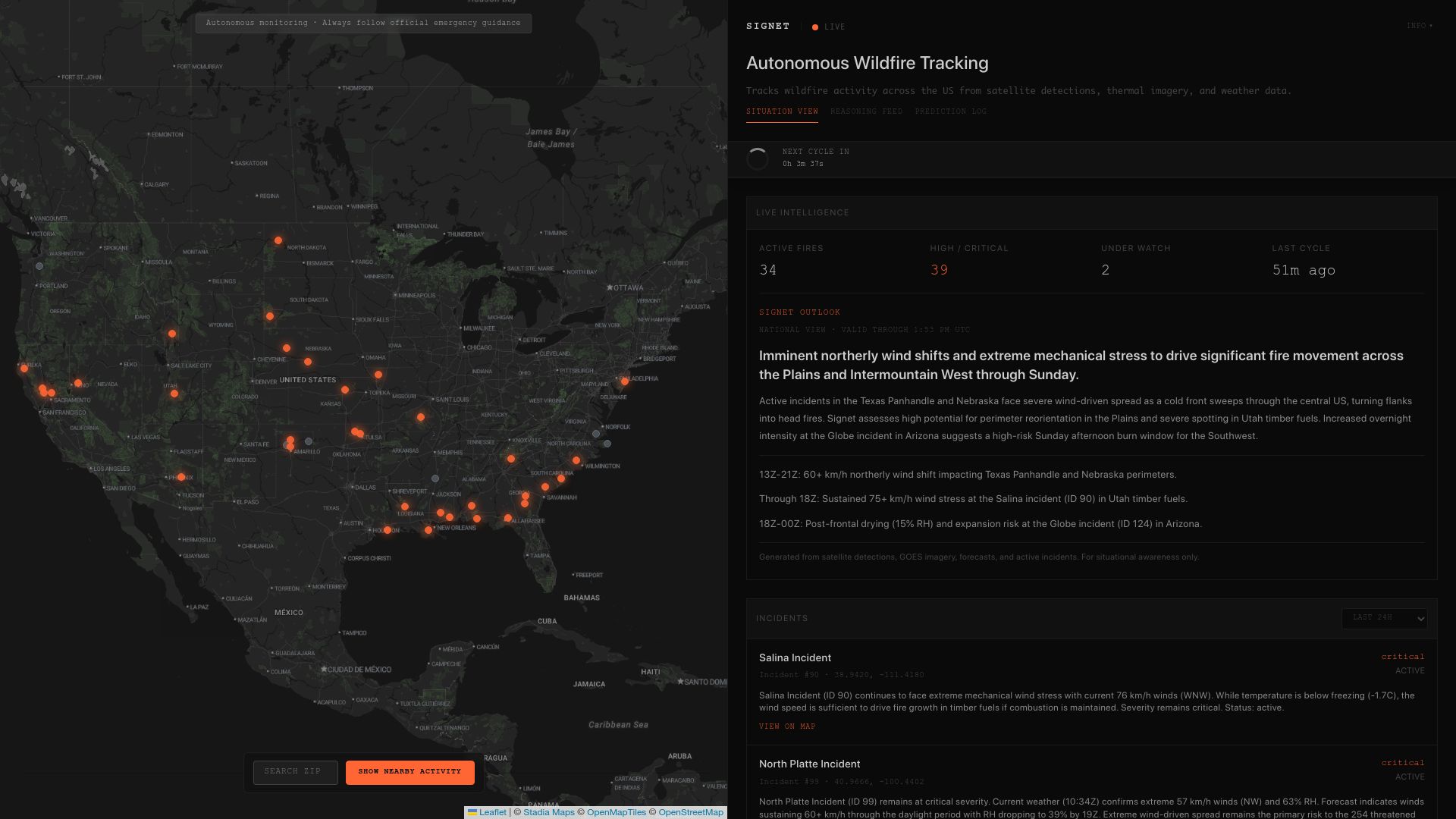 Screenshot of signet.watch: Show HN: Signet – Autonomous wildfire tracking from satellite and weather data
