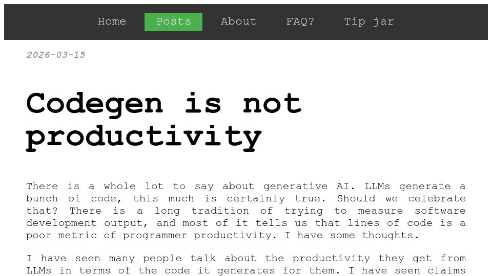 Screenshot of antifound.com: Codegen is not productivity