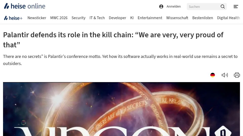 Screenshot of heise.de: Palantir defends its role in the kill chain: "We are proud of that"