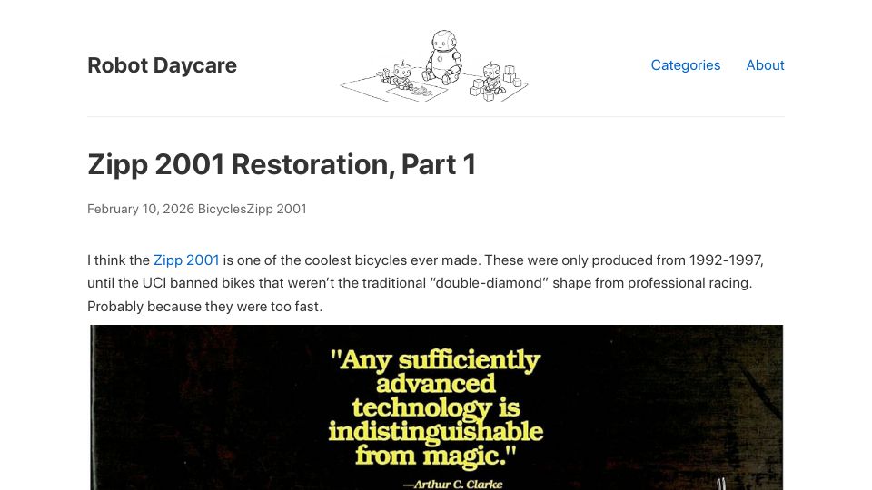 Screenshot of robot-daycare.com: Zipp 2001 Restoration