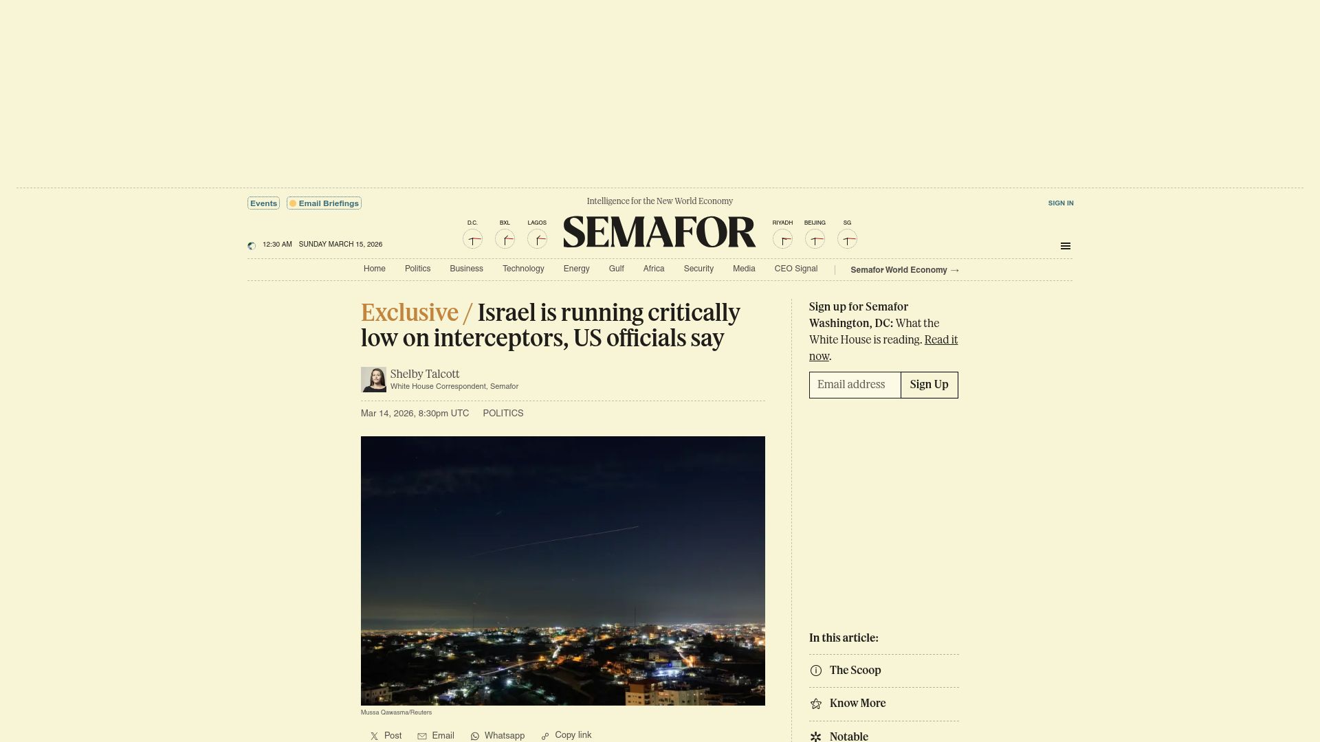 Screenshot of semafor.com: Israel is running critically low on interceptors, US officials say