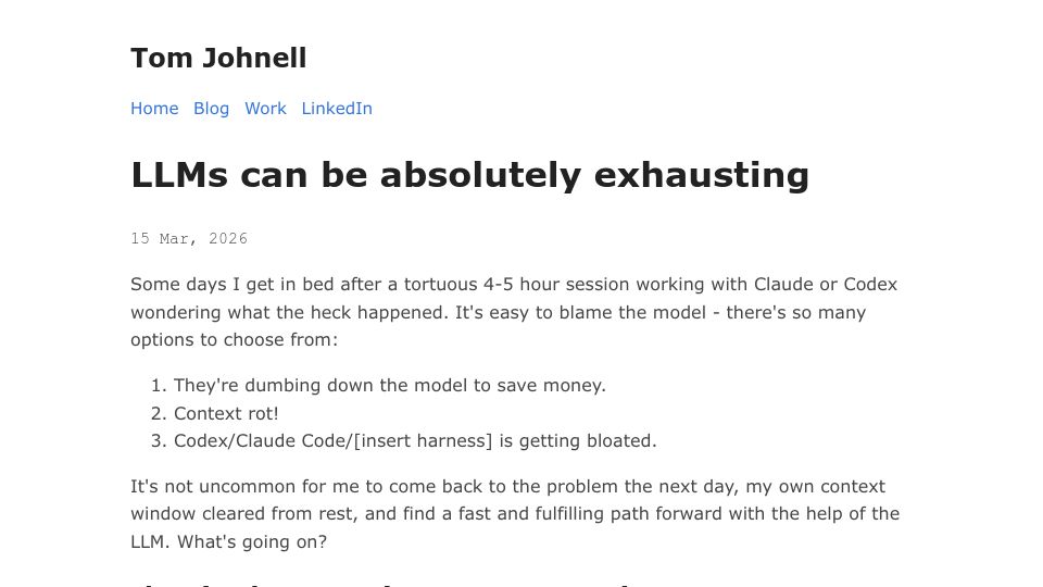 Screenshot of tomjohnell.com: LLMs can be exhausting