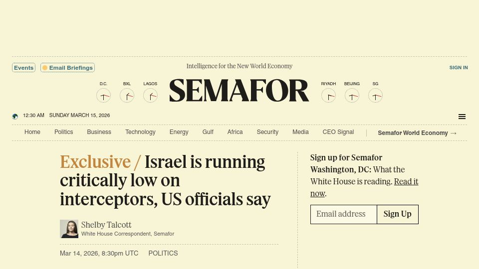 Screenshot of semafor.com: Israel is running critically low on interceptors, US officials say