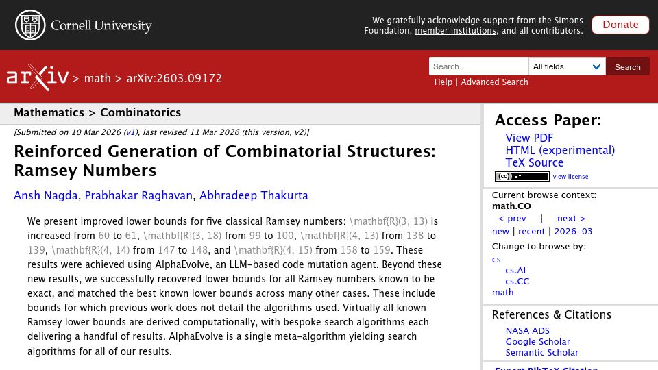 Screenshot of arxiv.org: Researchers improve lower bounds for some Ramsey numbers using AlphaEvolve