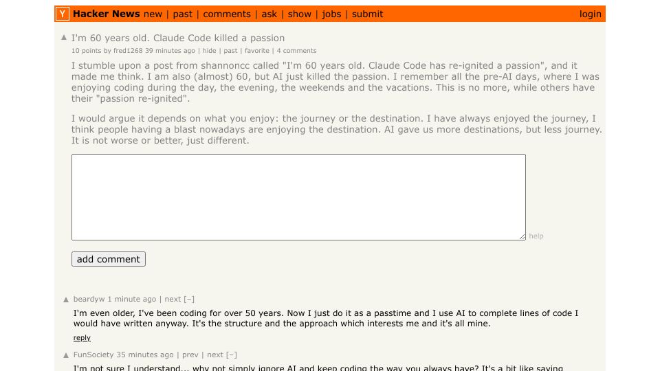 Screenshot of Hacker News post: I'm 60 years old. Claude Code killed a passion
