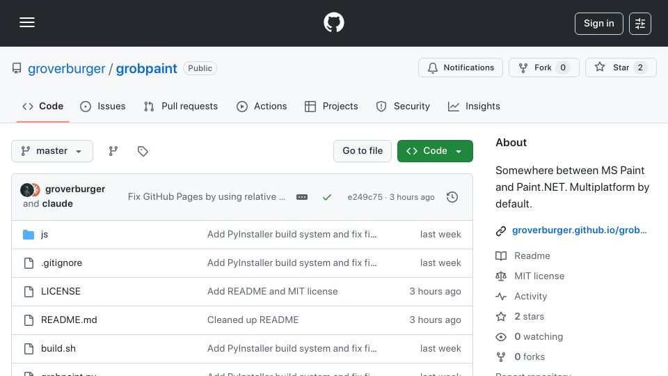 Screenshot of github.com: Show HN: GrobPaint: Somewhere Between MS Paint and Paint.net