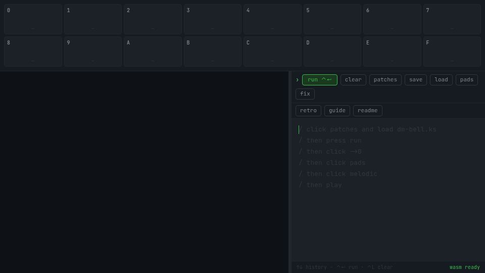 Screenshot of octetta.github.io: Show HN: What if your synthesizer was powered by APL (or a dumb K clone)?