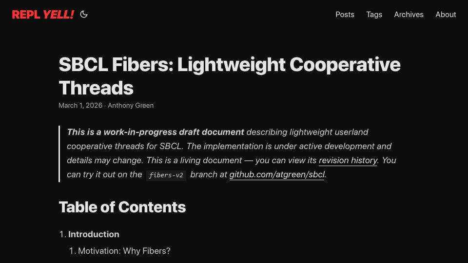 Screenshot of atgreen.github.io: SBCL Fibers – Lightweight Cooperative Threads