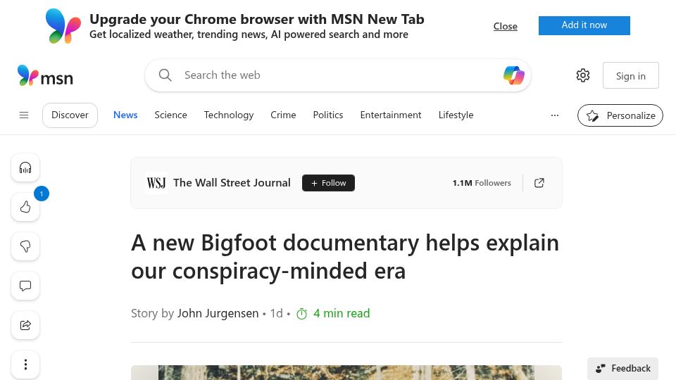 Screenshot of msn.com: A new Bigfoot documentary helps explain our conspiracy-minded era