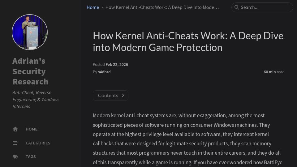 Screenshot of s4dbrd.github.io: How kernel anti-cheats work
