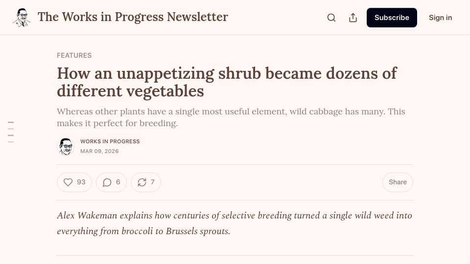 Screenshot of worksinprogress.news: Centuries of selective breeding turned wild cabbage into different vegetables