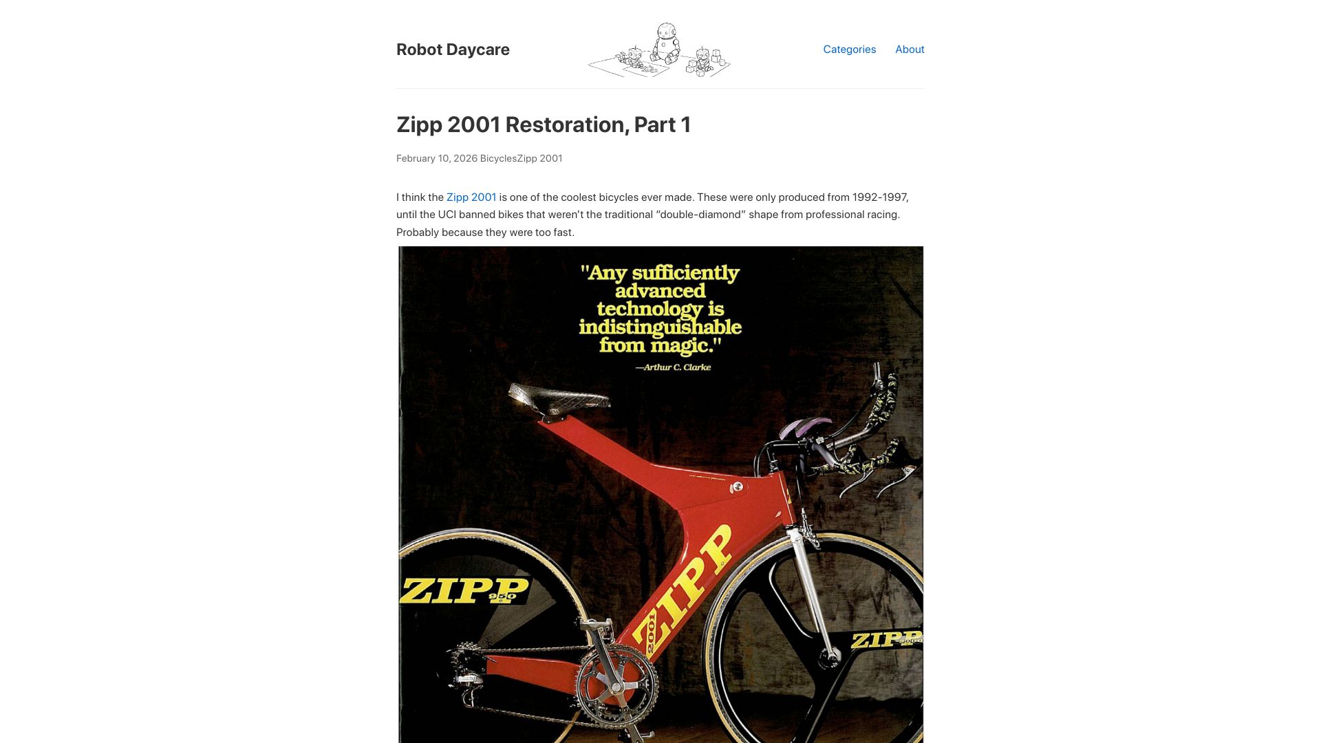 Screenshot of robot-daycare.com: Zipp 2001 Restoration