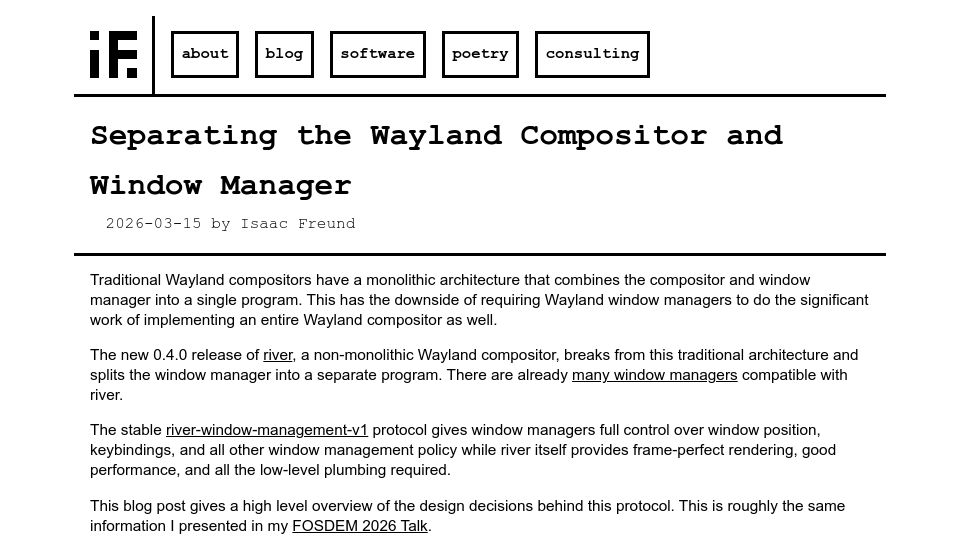 Screenshot of isaacfreund.com: Separating the Wayland compositor and window manager
