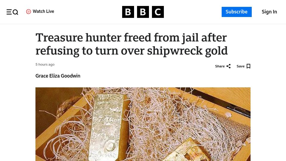 Screenshot of bbc.com: Treasure hunter freed from jail after refusing to turn over shipwreck gold