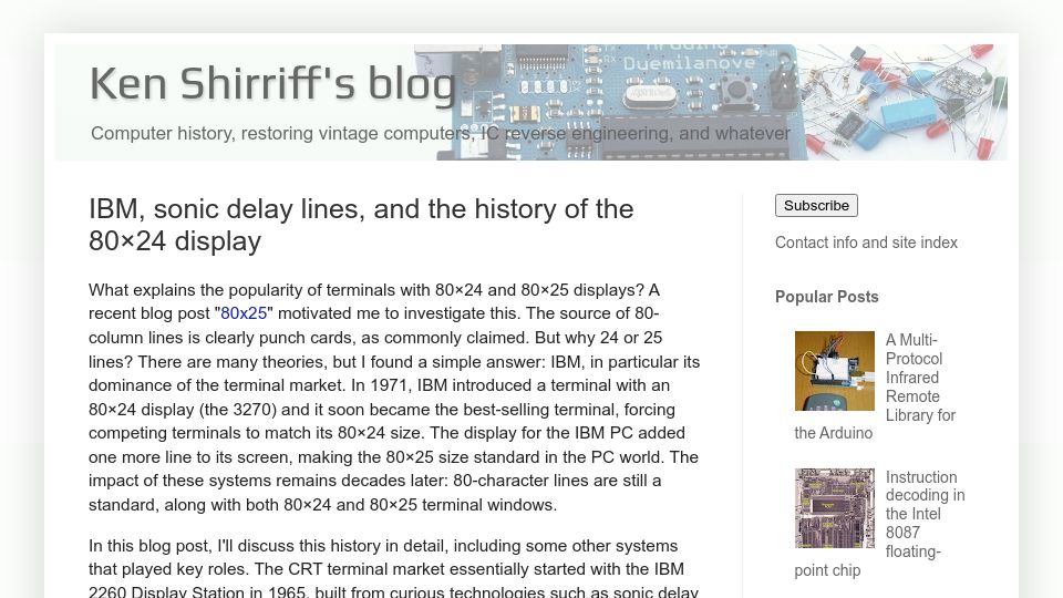 Screenshot of righto.com: IBM, sonic delay lines, and the history of the 80×24 display (2019)