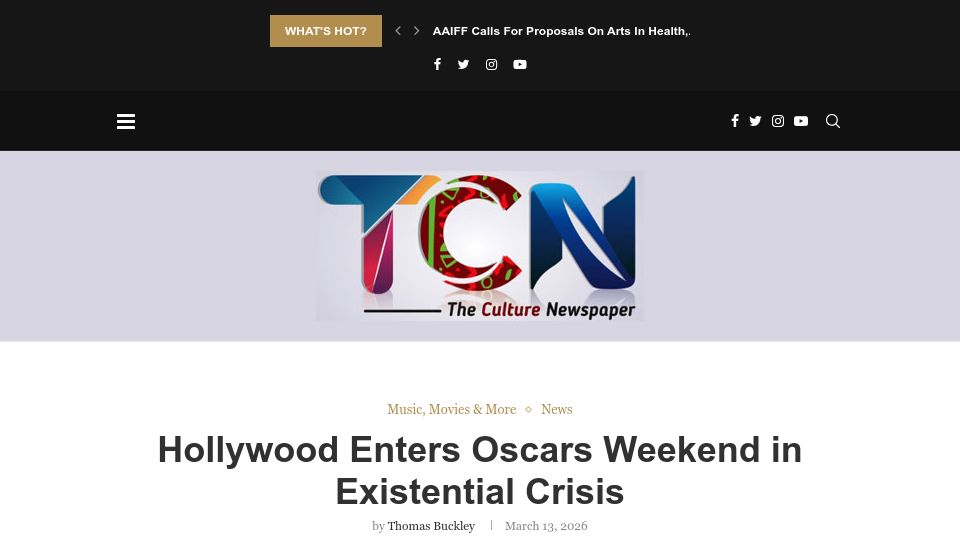 Screenshot of theculturenewspaper.com: Hollywood Enters Oscars Weekend in Existential Crisis