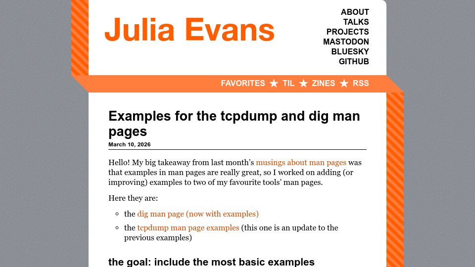 Screenshot of jvns.ca: Examples for the tcpdump and dig man pages
