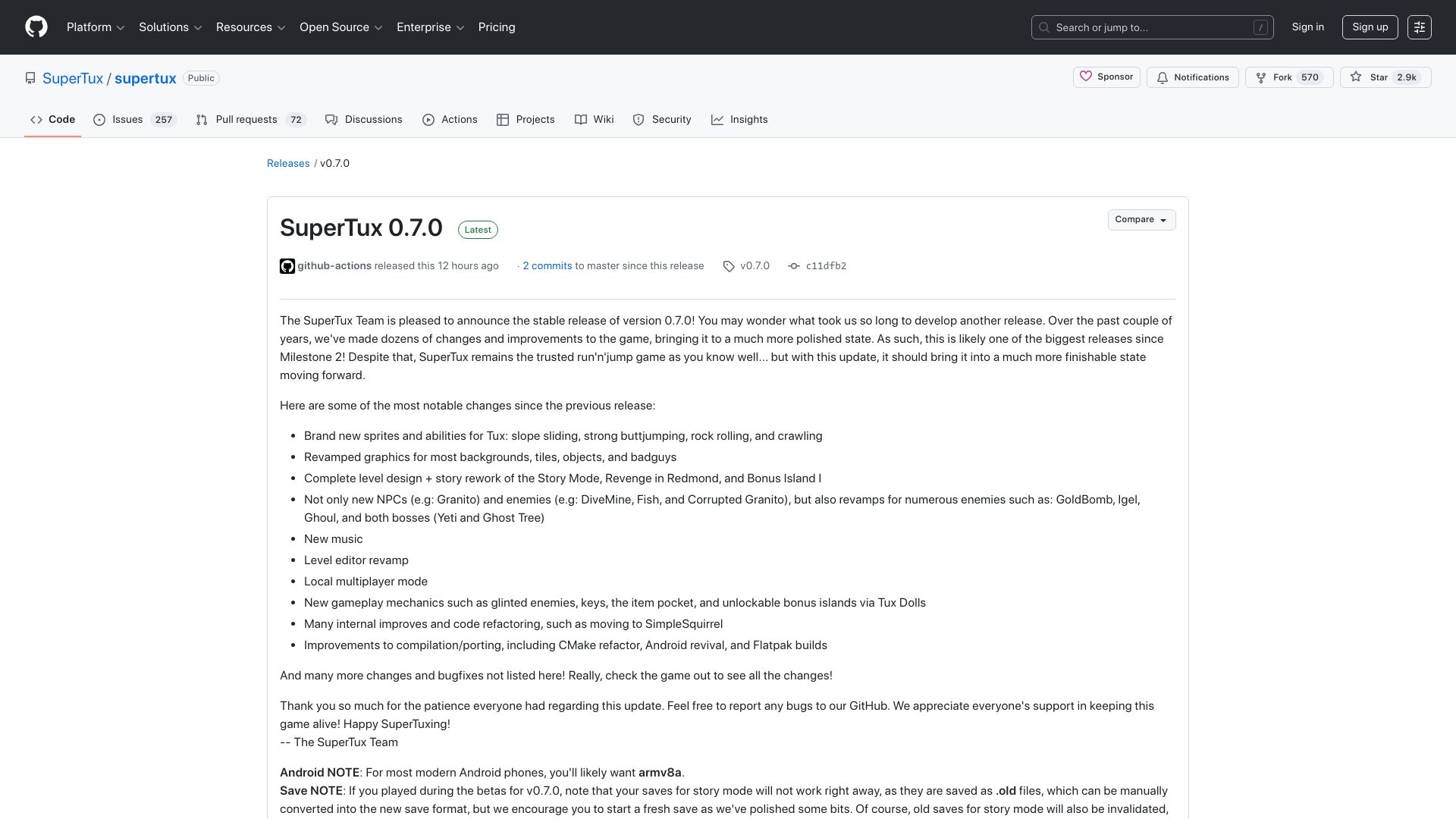 Screenshot of github.com: SuperTux 0.7.0