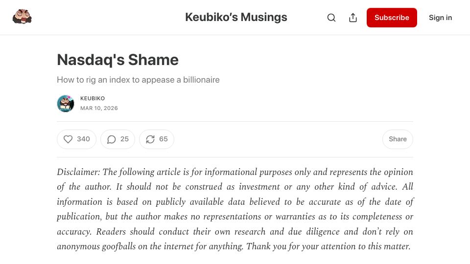 Screenshot of keubiko.substack.com: Nasdaq's Shame