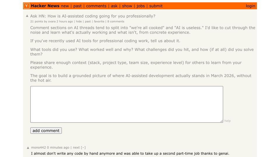 Screenshot of Hacker News post: Ask HN: How is AI-assisted coding going for you professionally?