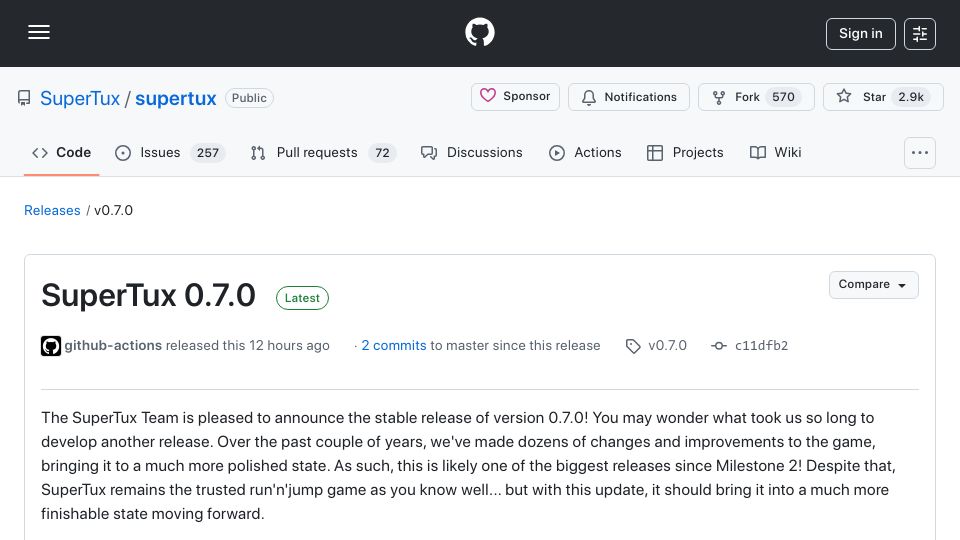 Screenshot of github.com: SuperTux 0.7.0